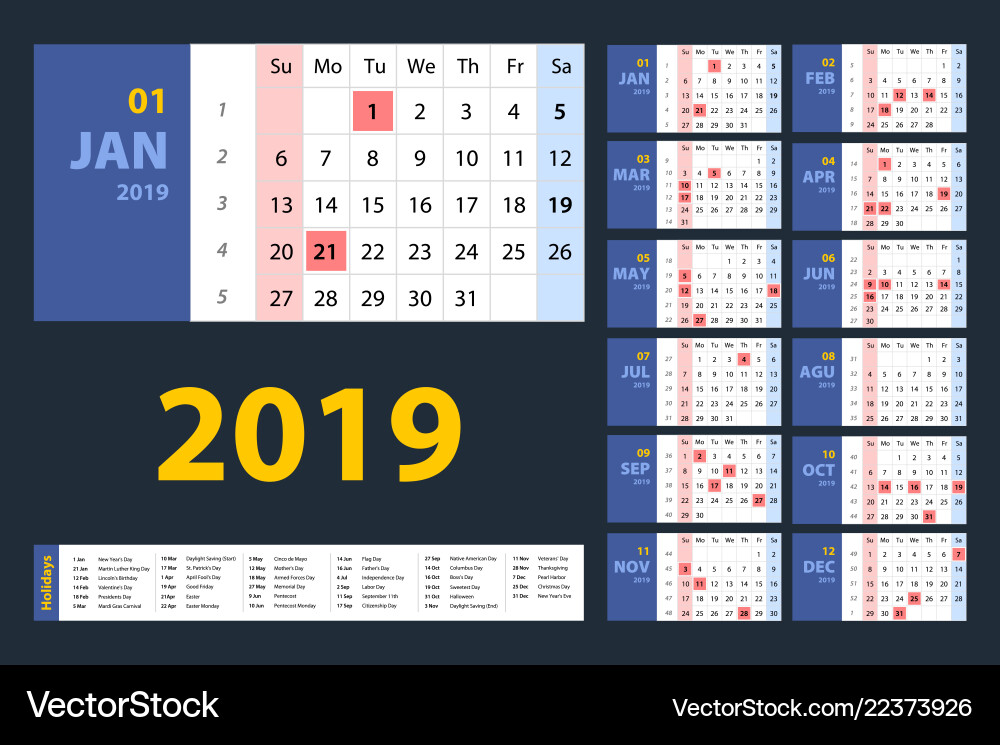 Calendar 2019 blue set week starts on sunday Calendar 2019 blue set week starts on sunday vector image