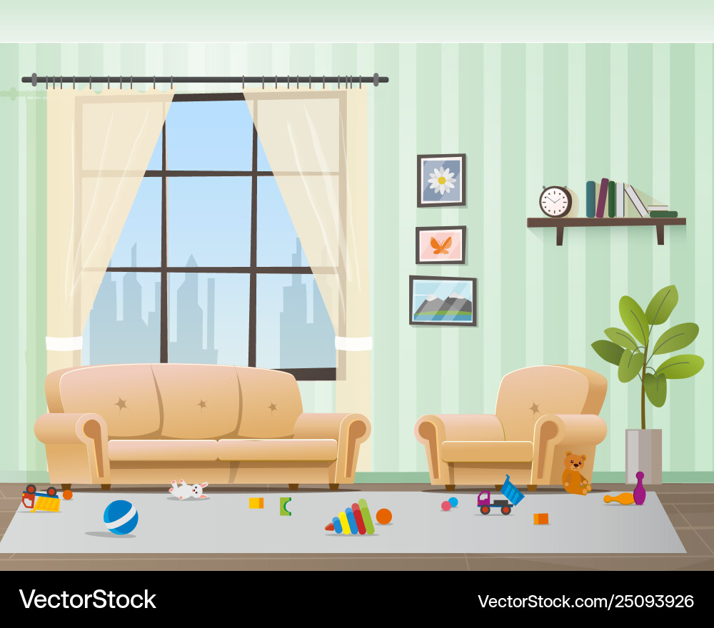 Children scattered toys in messy empty living room Children scattered toys in messy empty living room vector image