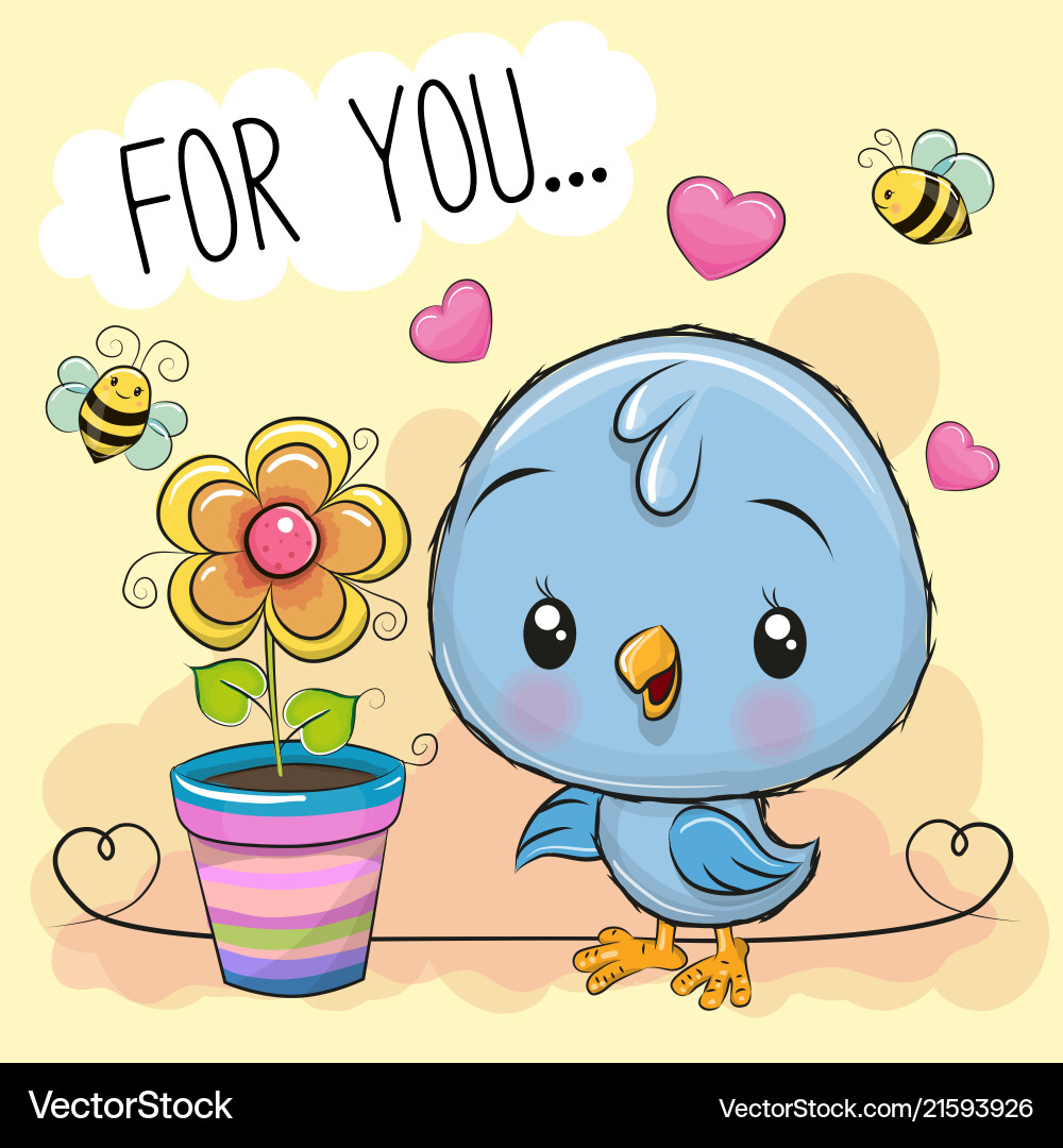 Cute cartoon bird with flower on orange background Cute cartoon bird with flower on orange background vector image