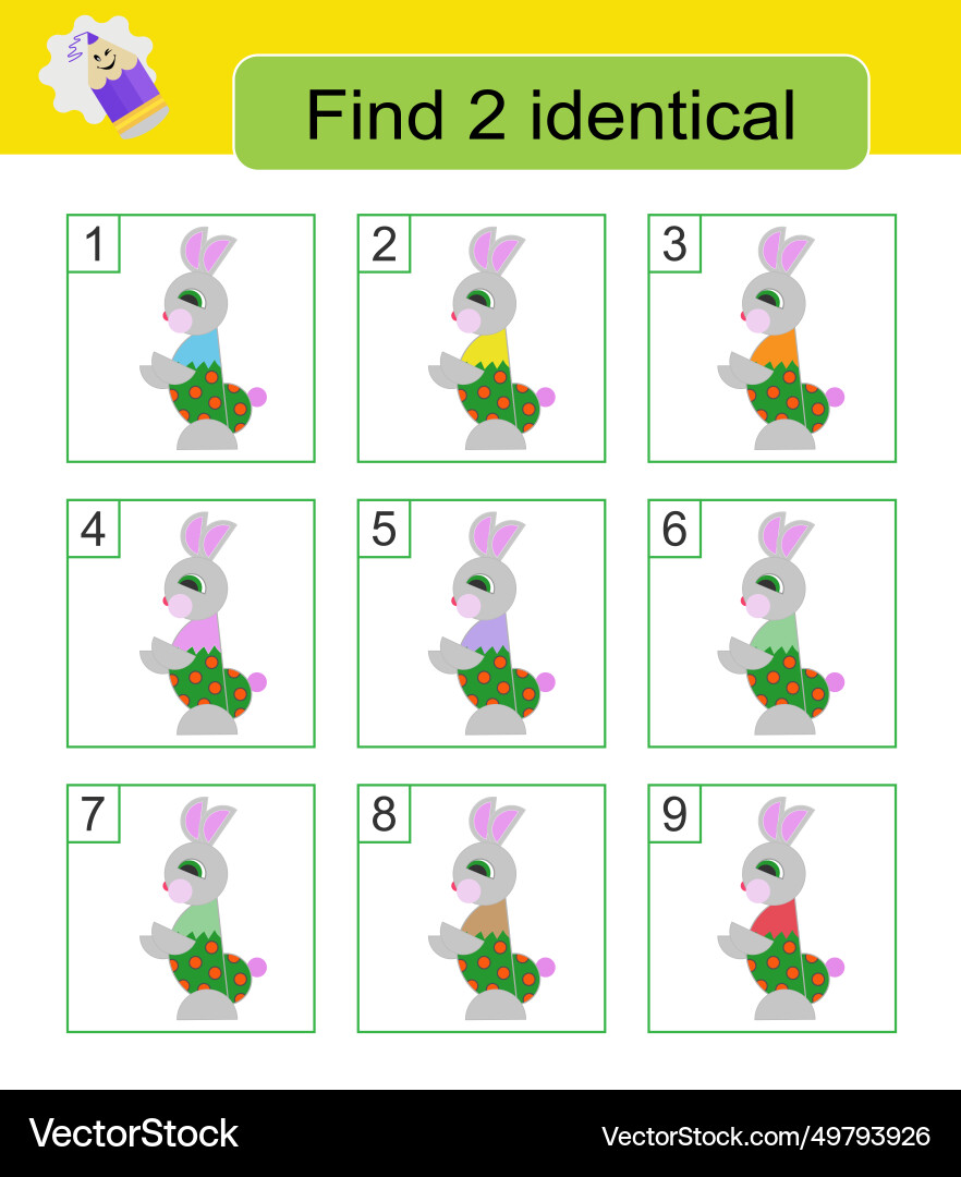 Fun puzzle game find two identical rabbits task Fun puzzle game find two identical rabbits task Vector Image