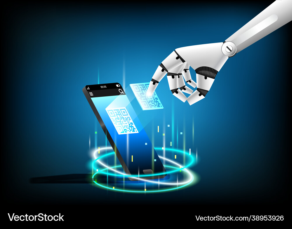 Hand robot are touching on a hologram qr code Hand robot are touching on a hologram qr code vector image