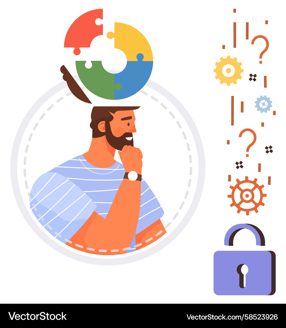 Man with Puzzle Gears - Thinking Concept Vector Image