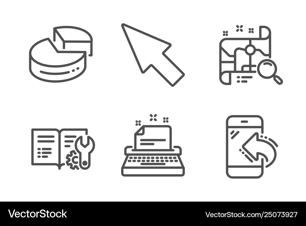 Pie chart search map and typewriter icons set Vector Image