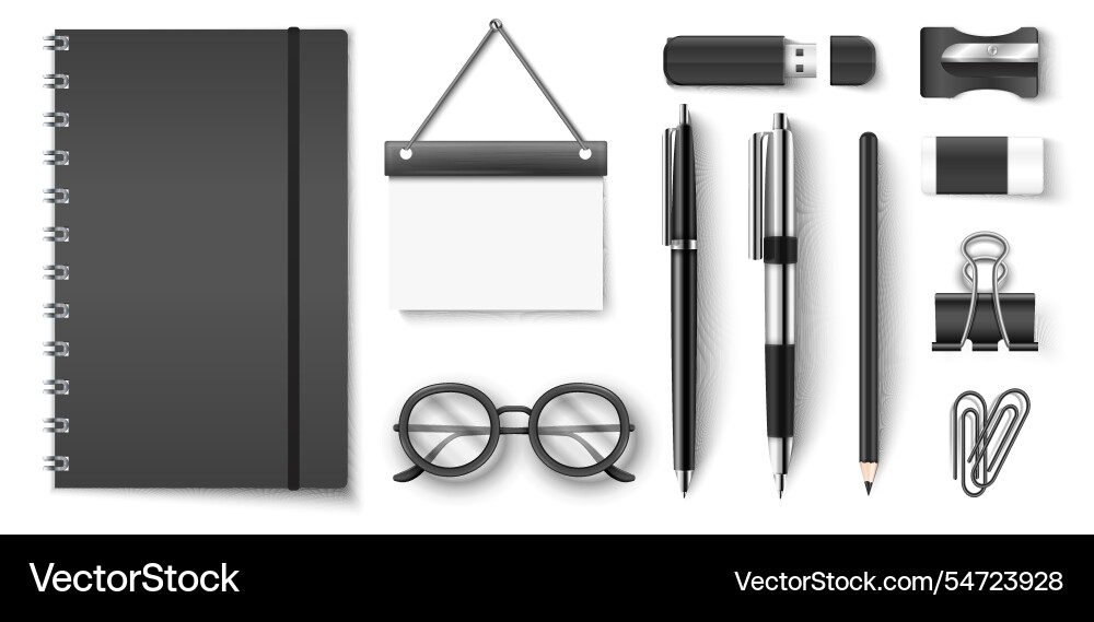 Flat lay of black stationery items Flat lay of black stationery items vector image