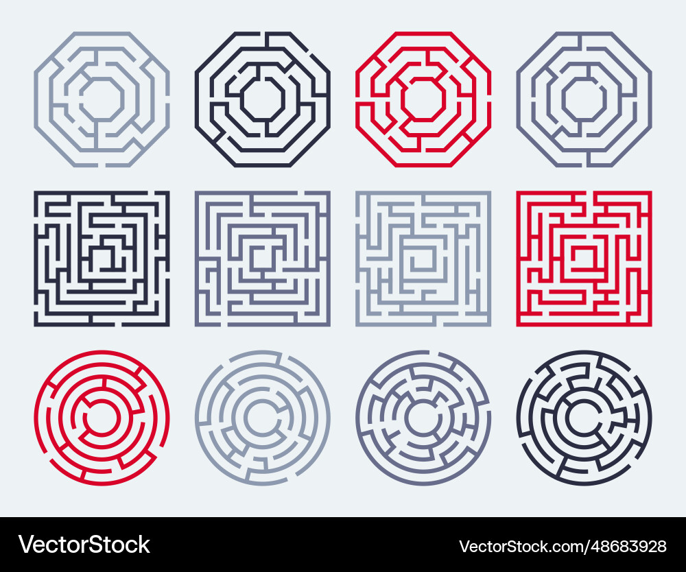 Labyrinth symbols set maze path complicated Labyrinth symbols set maze path complicated vector image
