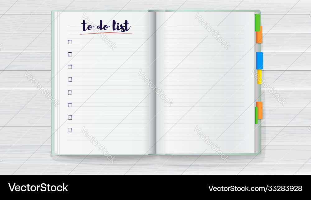 Realistic opened notebook with clean to do list Realistic opened notebook with clean to do list vector image
