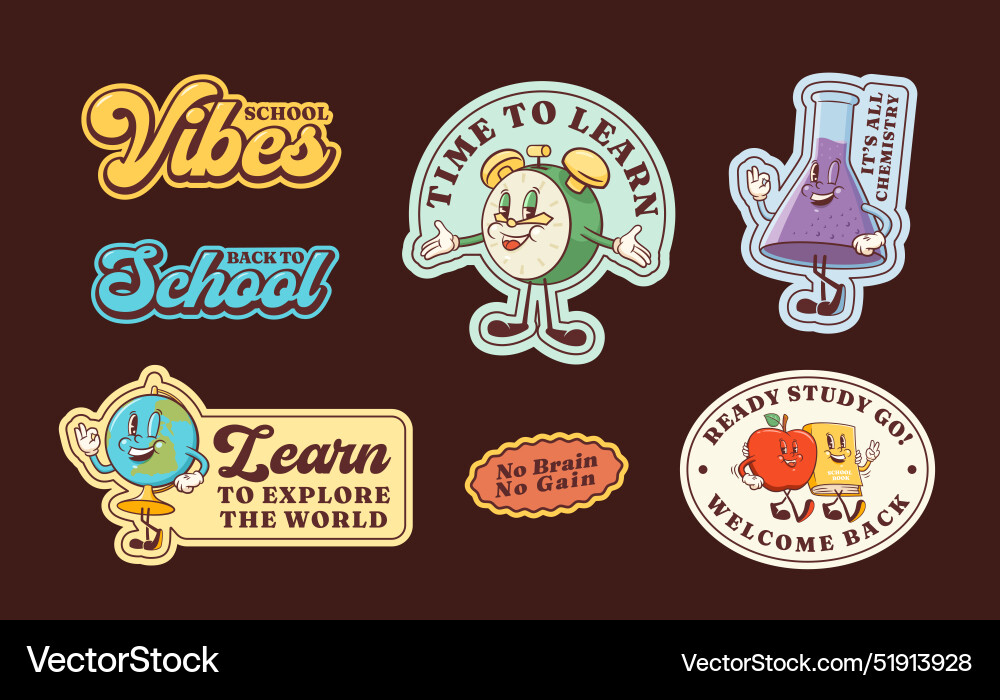 Retro School Stickers - Cartoon Set Vector Image