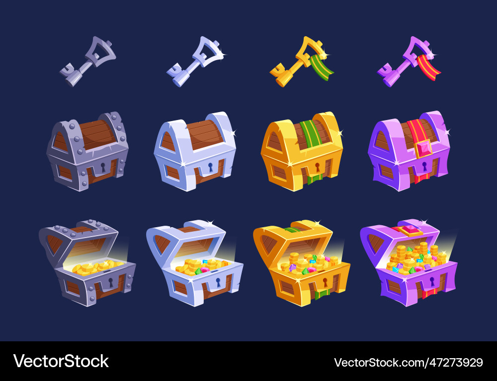 Game assets featuring a set of chests and keys Game assets featuring a set of chests and keys vector image