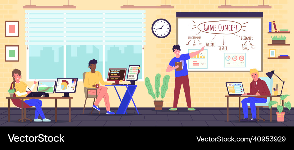 Game developers team in office geeks Game developers team in office geeks Vector Image