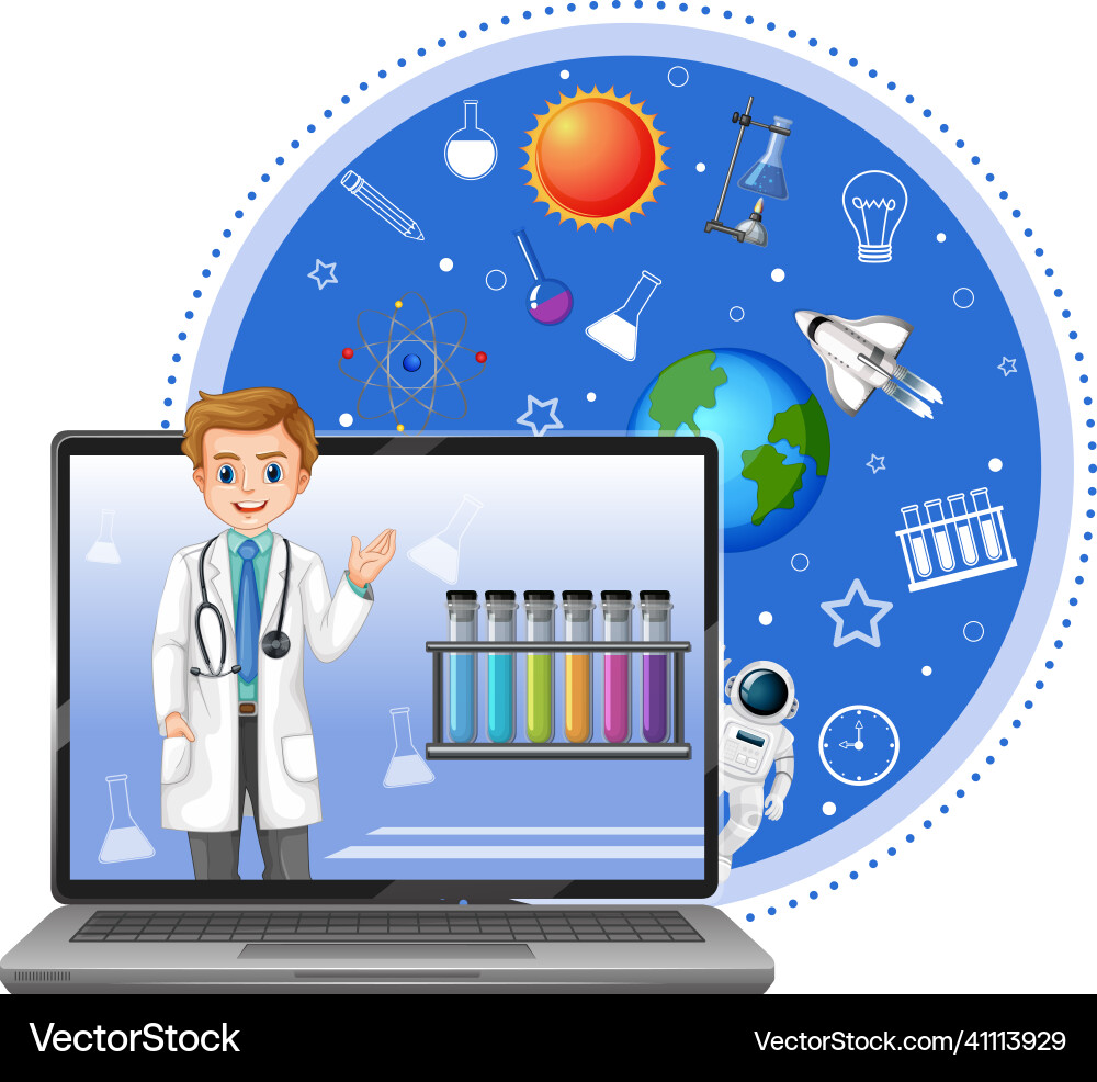 Laptop with scientist and space objects Laptop with scientist and space objects vector image