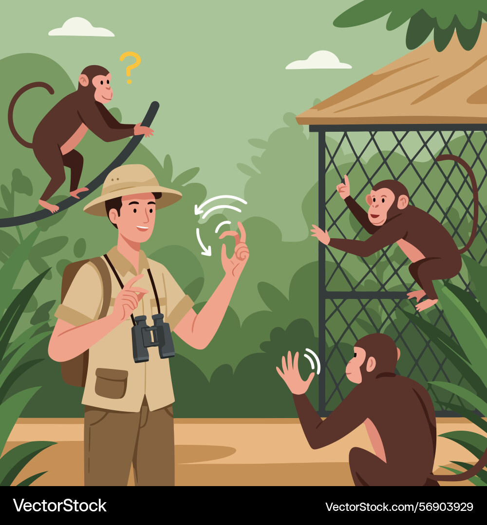 Man explaining monkeys in jungle environment Vector Image