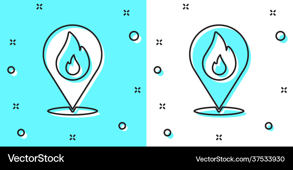 Black line map pointer with fire flame icon Black line map pointer with fire flame icon Vector Image