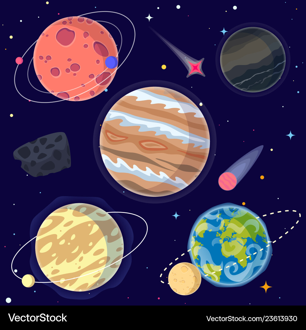 Set of cartoon planets and space elements Vector Image