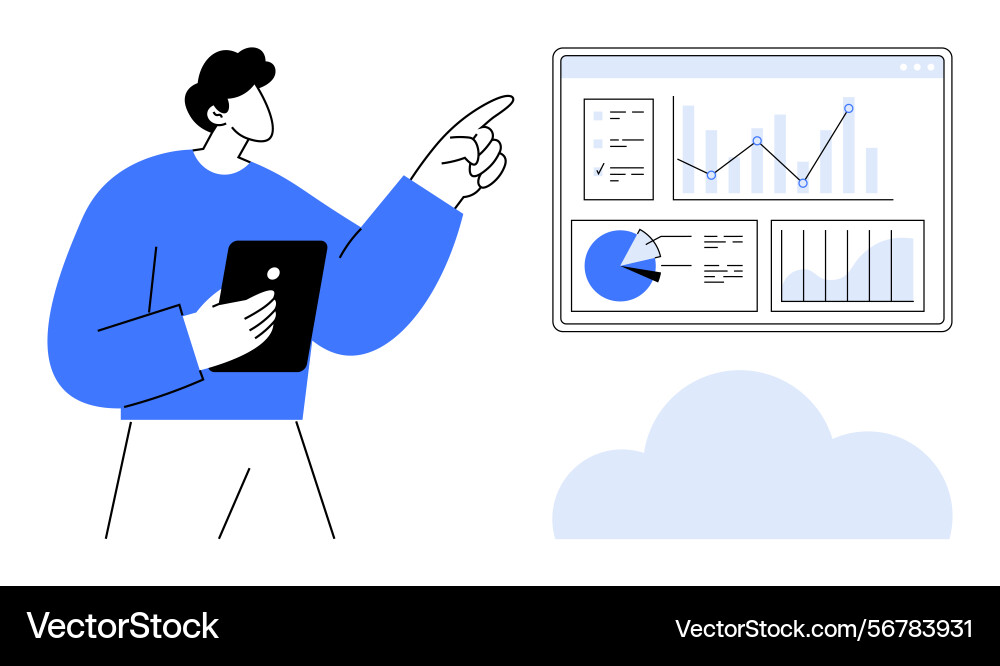 Analyst examining data visualization on a digital Analyst examining data visualization on a digital vector image