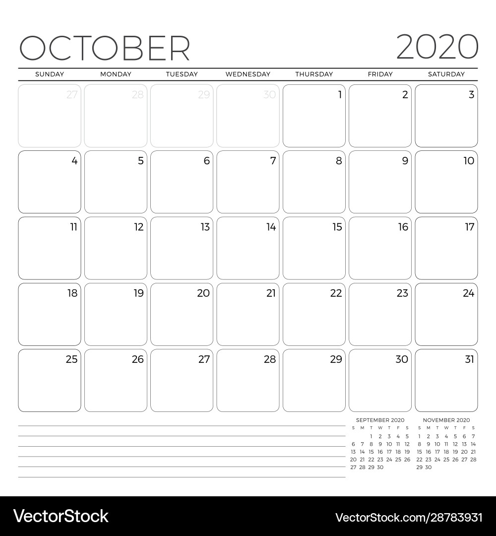 October 2020 monthly calendar planner template October 2020 monthly calendar planner template vector image