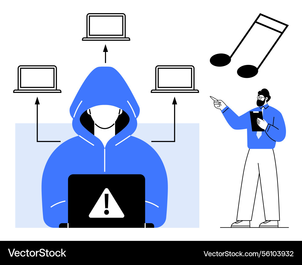 Hacker in a hoodie accessing multiple devices Hacker in a hoodie accessing multiple devices vector image