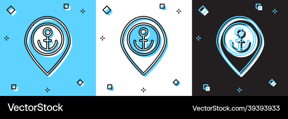 Set map pointer with anchor icon isolated on blue Vector Image