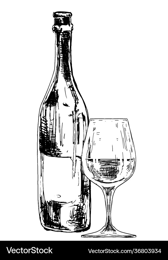 Bottle wine with glassin engraving style Bottle wine with glassin engraving style vector image