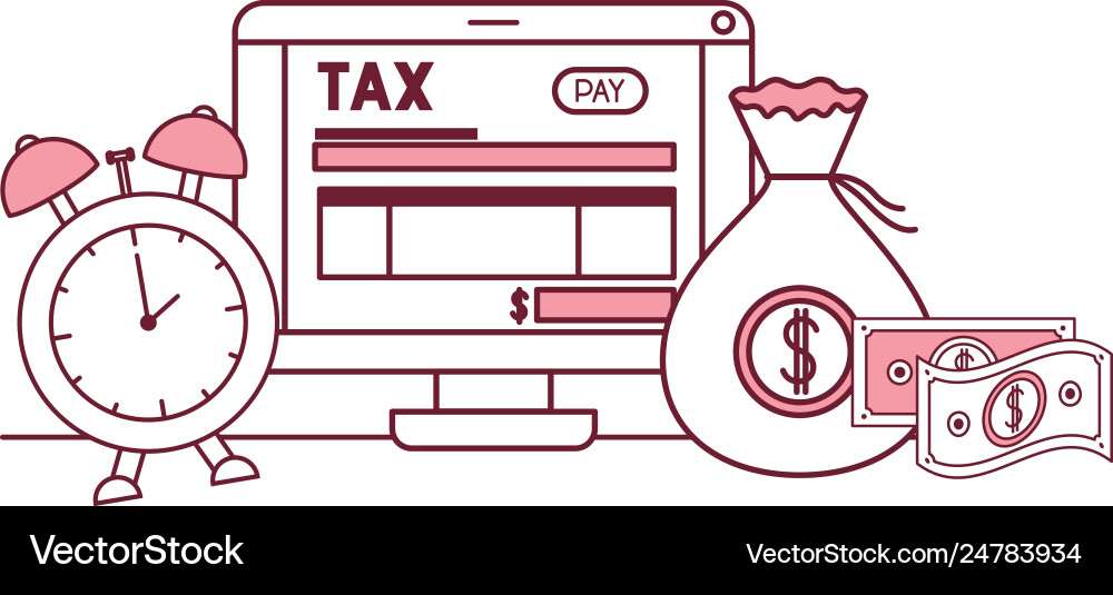Computer with tax on line and set icons Vector Image