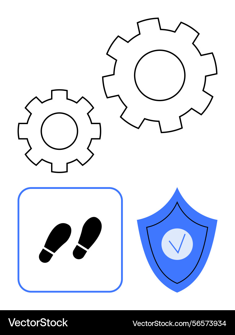 Gears footsteps and shield with checkmark Vector Image