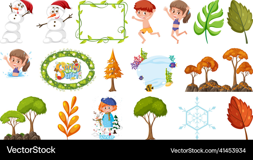 Set of four seasons trees and nature objects Set of four seasons trees and nature objects vector image