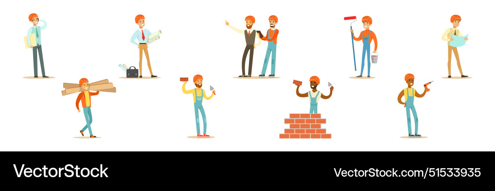 Man builder and engineer character in hard hat Man builder and engineer character in hard hat Vector Image