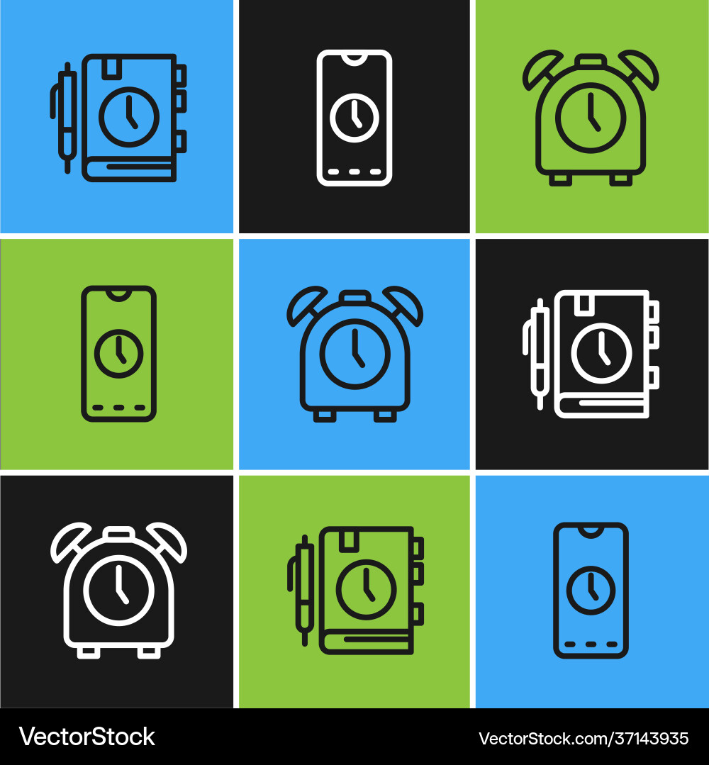 Set line daily paper notepad alarm clock and app Set line daily paper notepad alarm clock and app vector image