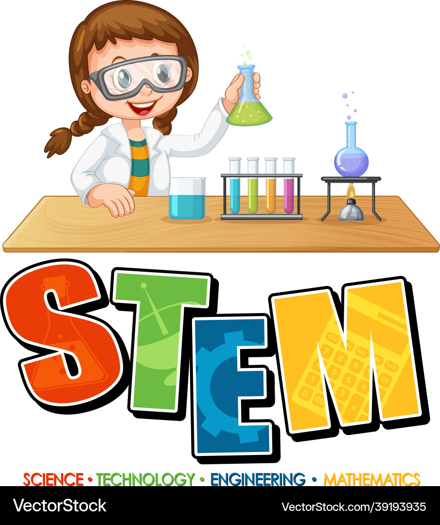 Stem education logo with scientist girl cartoon