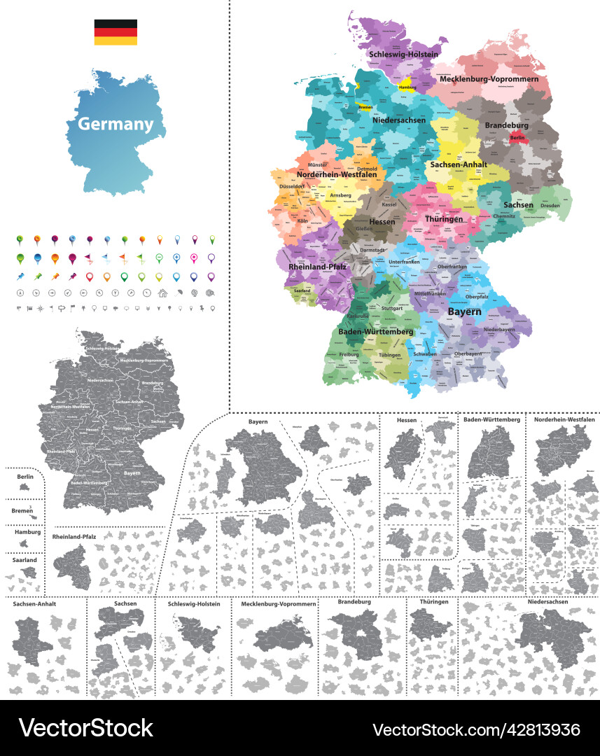 Federal states of germany map with administrative Federal states of germany map with administrative Vector Image
