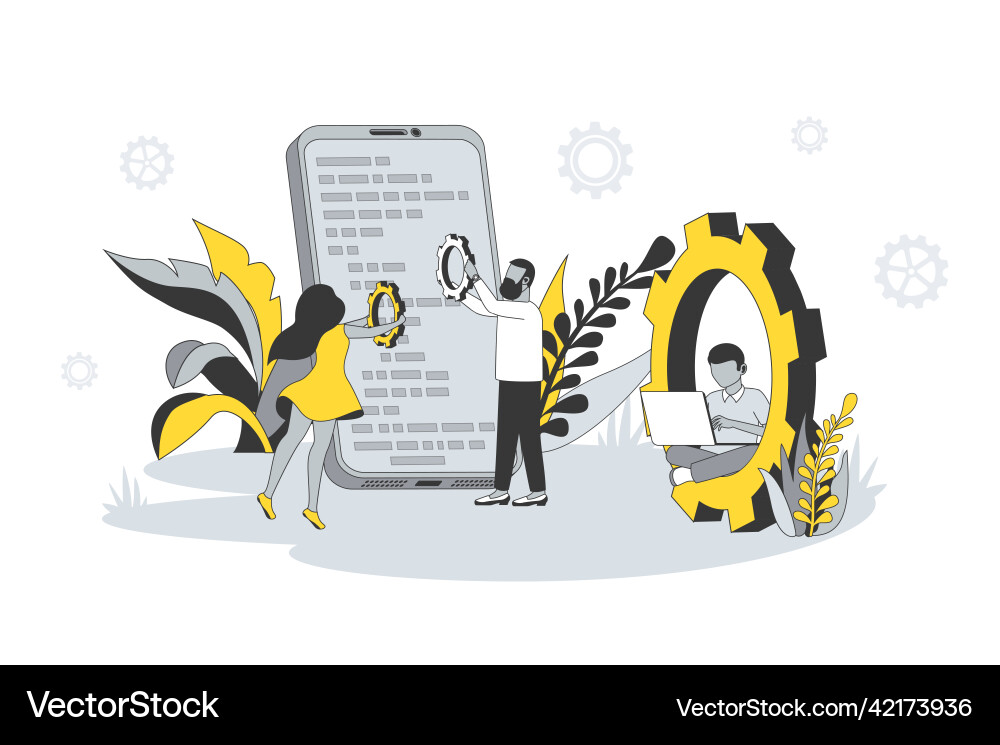 Team developing apps concept in flat line design Team developing apps concept in flat line design vector image