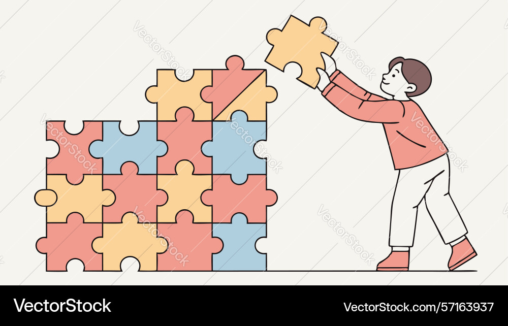 Child building puzzle blocks developmental play vector image