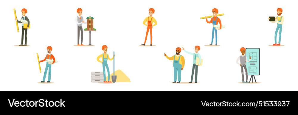 Man builder and engineer character in hard hat Man builder and engineer character in hard hat Vector Image