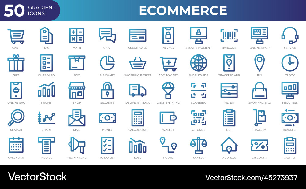 Set of 50 ecommerce web icons in gradient style Set of 50 ecommerce web icons in gradient style vector image