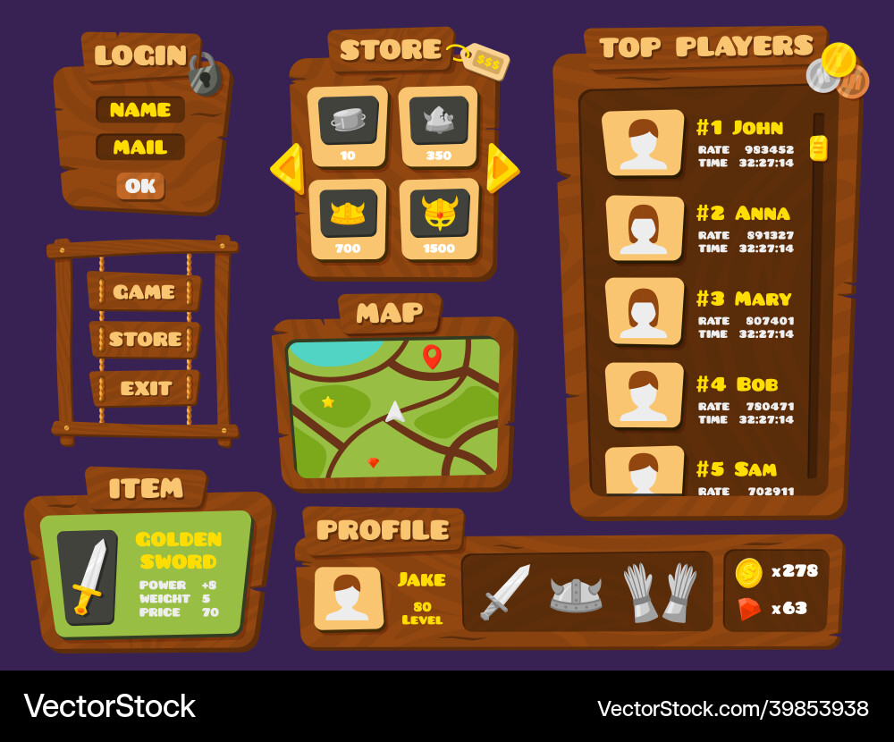 Cartoon Game UI Elements Vector Image