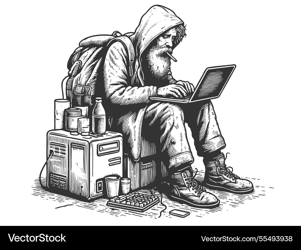 Homeless programmer hacker nomad typing computer Homeless programmer hacker nomad typing computer Vector Image
