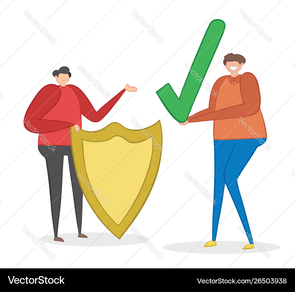 Man with shield and other holding check mark Vector Image