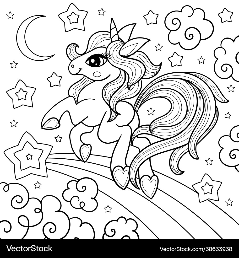 Unicorn with a long tail on rainbow linear Unicorn with a long tail on rainbow linear vector image