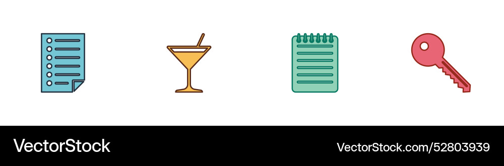 Set document martini glass notebook and key icon Set document martini glass notebook and key icon vector image
