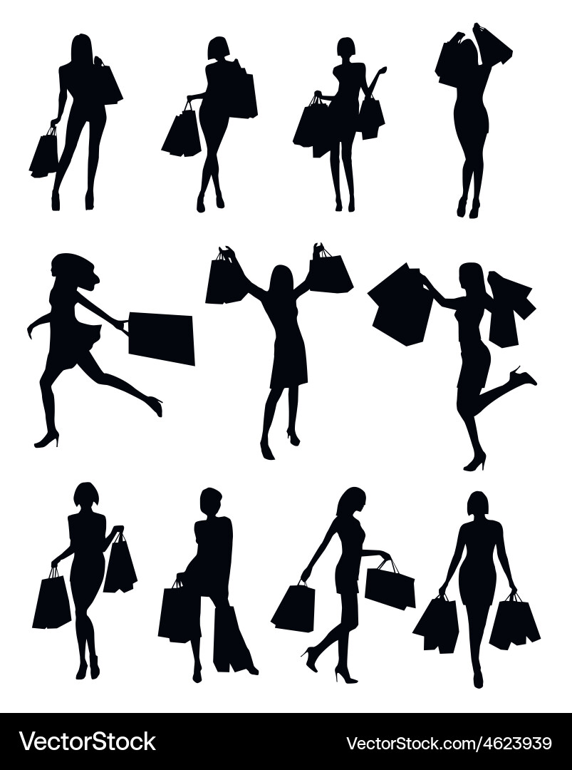 Woman Shopping Silhouettes - Diverse Group Vector Image