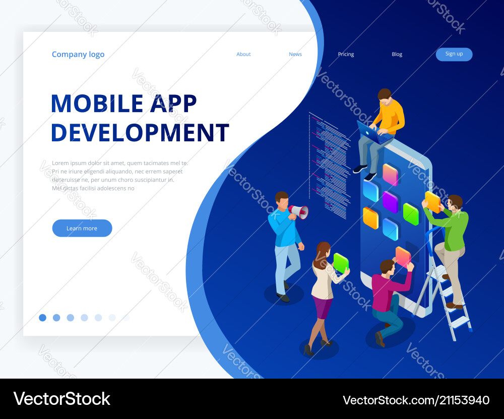 Isometric web banner mobile app development Isometric web banner mobile app development vector image