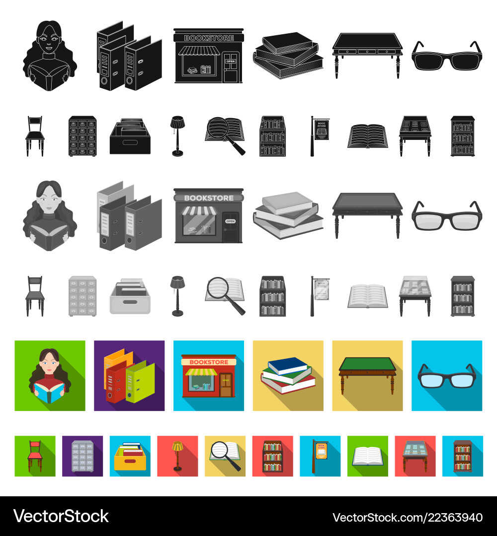 Library and bookstore flat icons in set collection Vector Image
