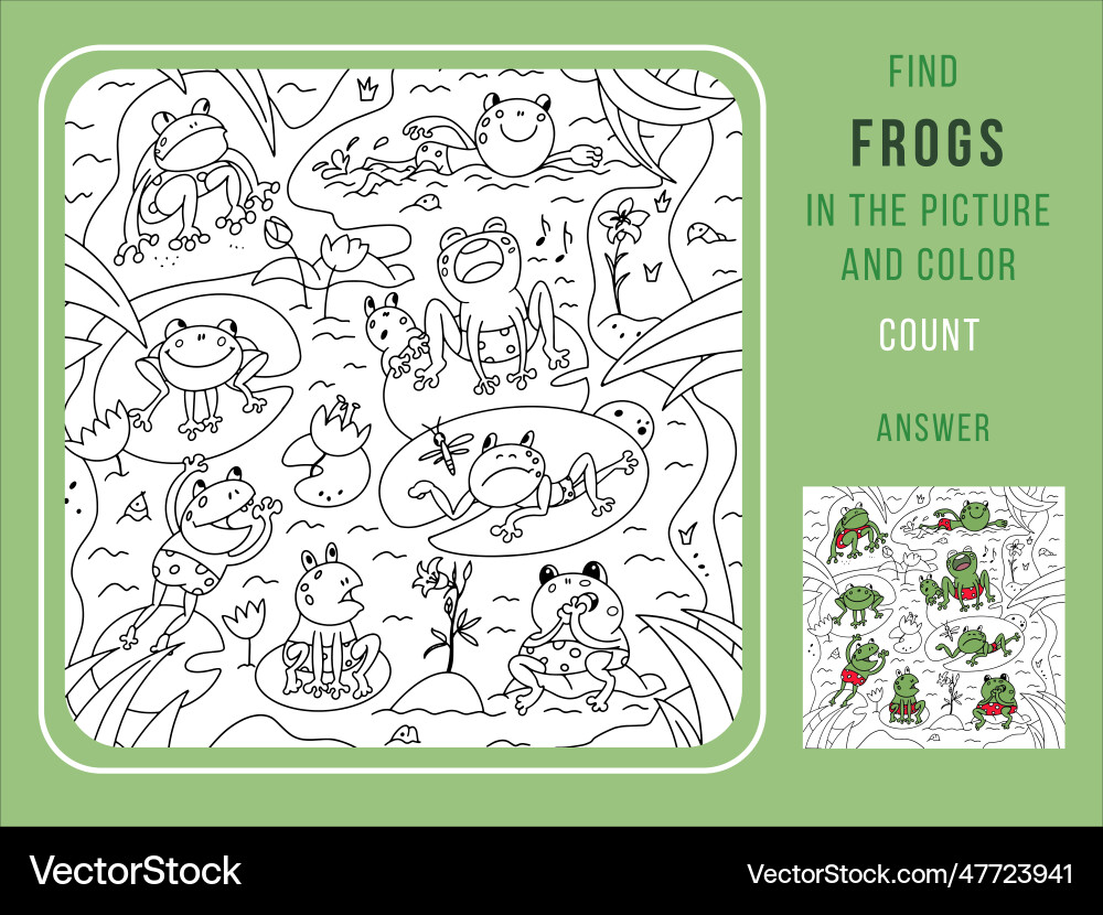 Find the frogs and color count games Find the frogs and color count games vector image