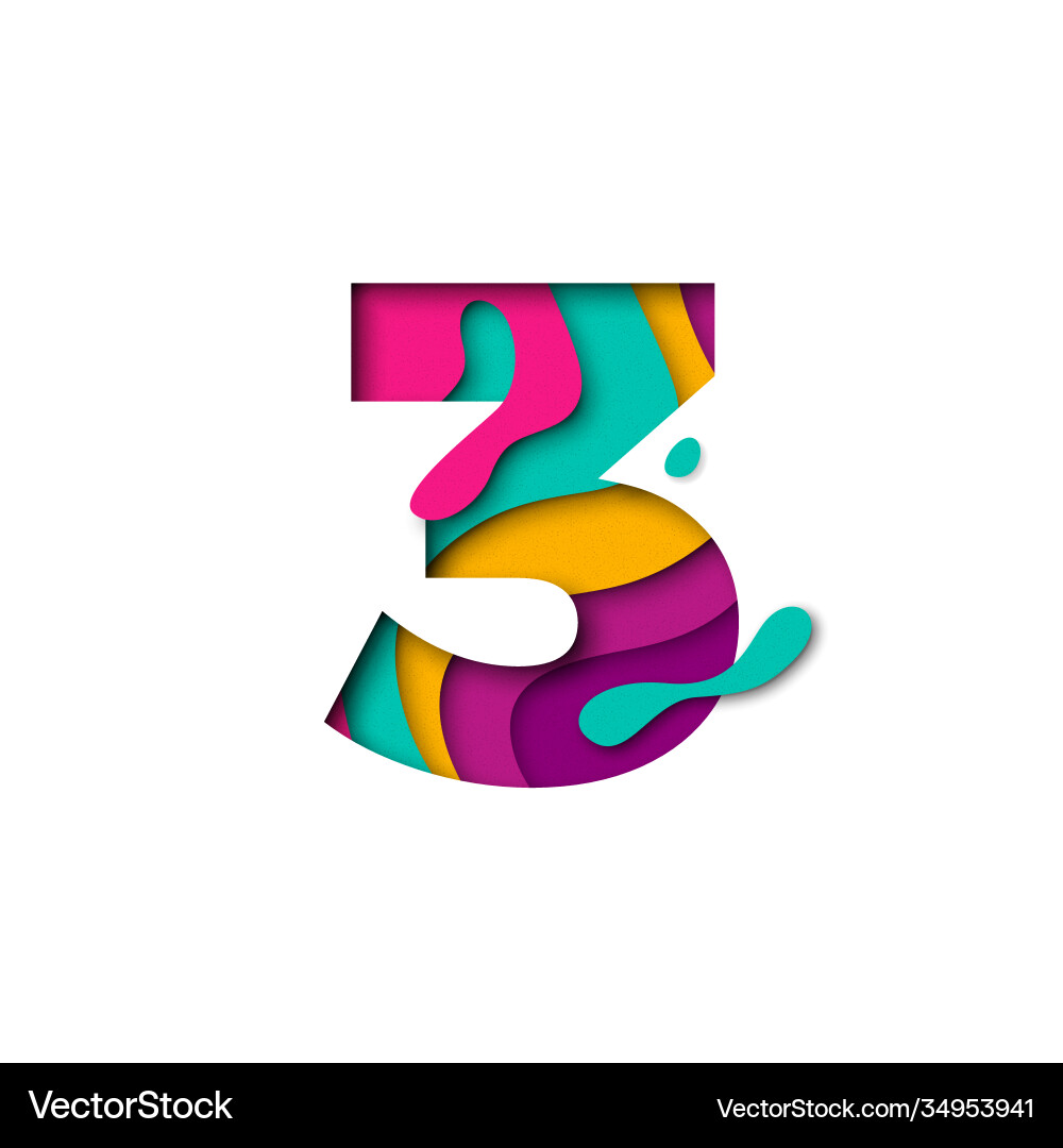Paper cut number three 3 letter realistic 3d Vector Image