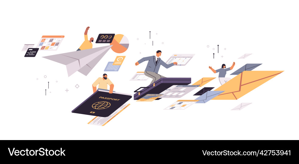 Set businesspeople flying on passport suitcase Set businesspeople flying on passport suitcase vector image