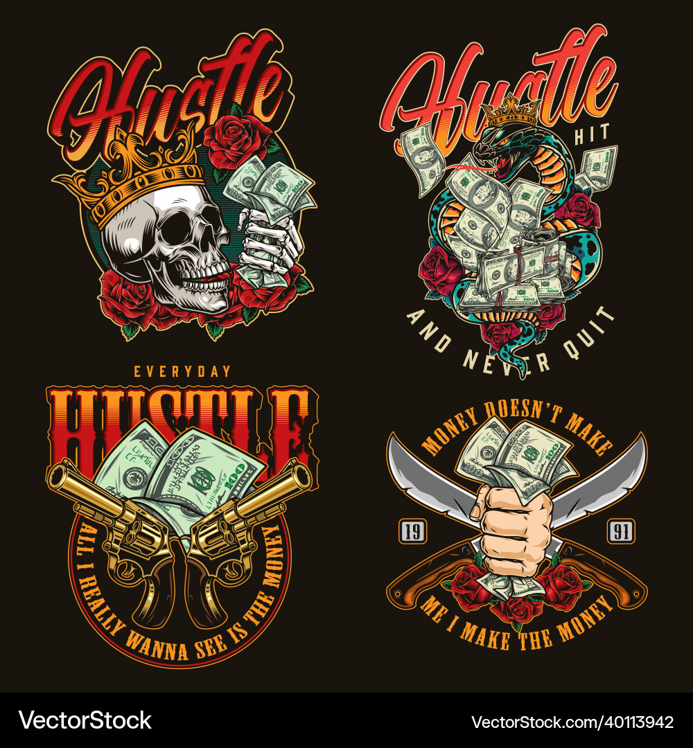 Money Crowns & Guns Skull Emblem Vector Image