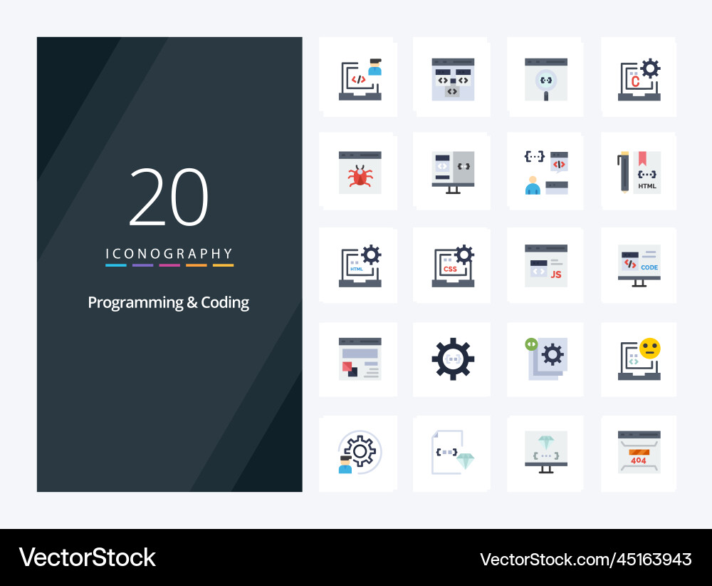 20 programming and coding flat color icon vector image