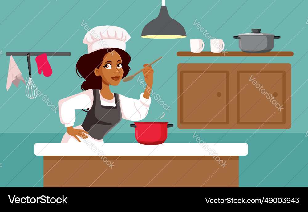 Cartoon woman cooking in her kitchen preparing Cartoon woman cooking in her kitchen preparing vector image