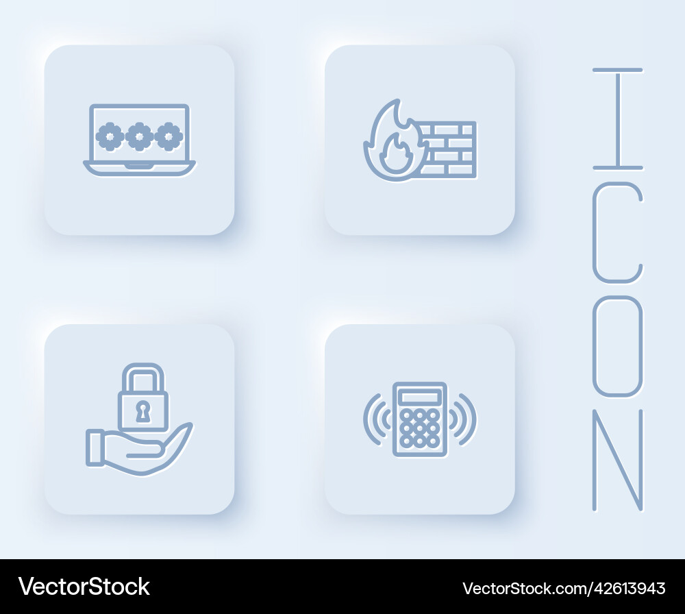 Set line laptop with password firewall security Set line laptop with password firewall security vector image
