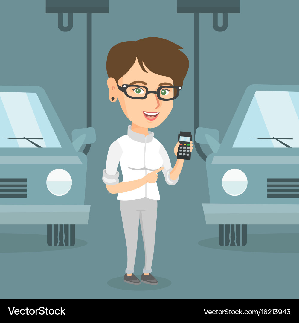 Worker controlling automated assembly line for car Vector Image