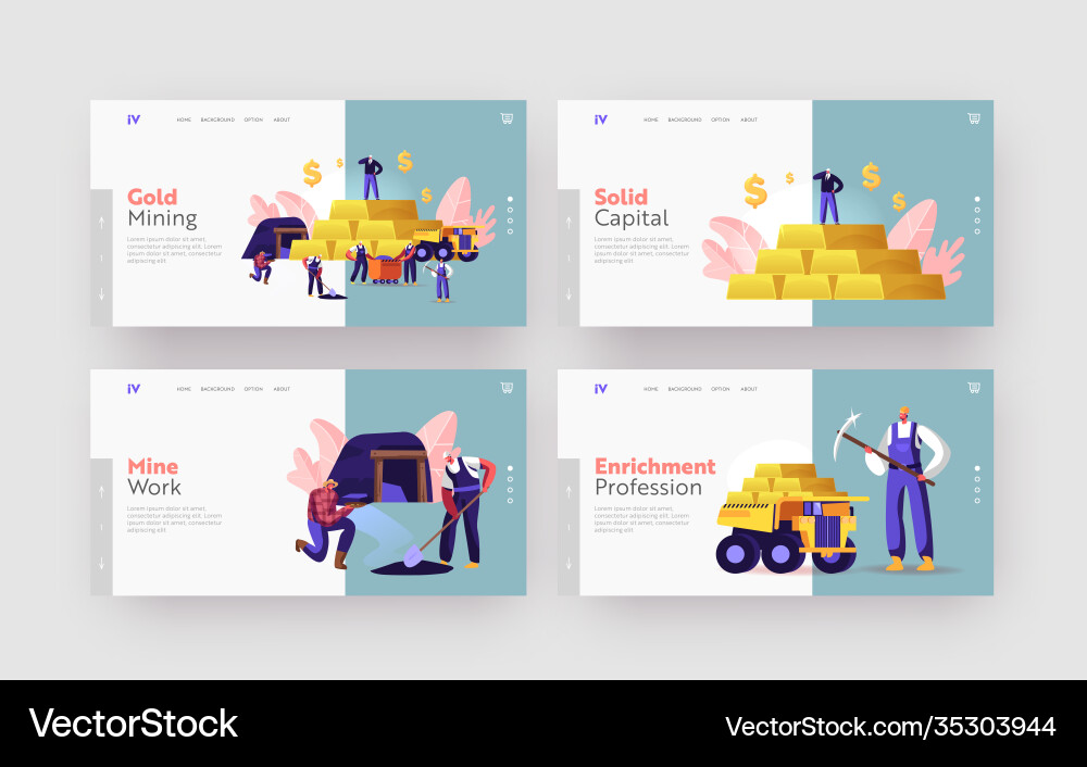 Gold mining landing page template set miner Gold mining landing page template set miner vector image